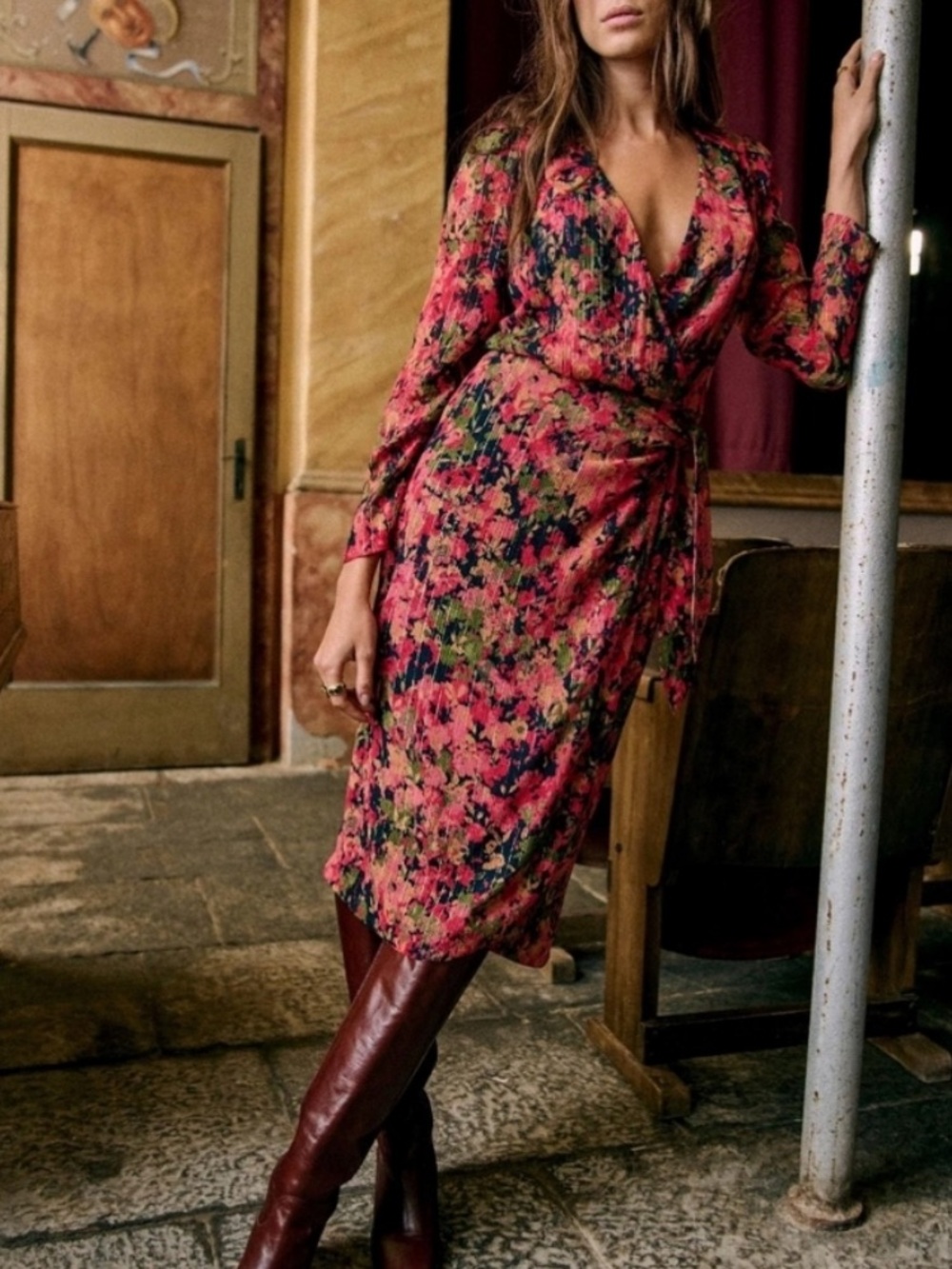 SEZANE Metallic Pink Floral Printed Long Sleeve V Neck Armonie Silk Wrap Dress - Picture 14 of 14